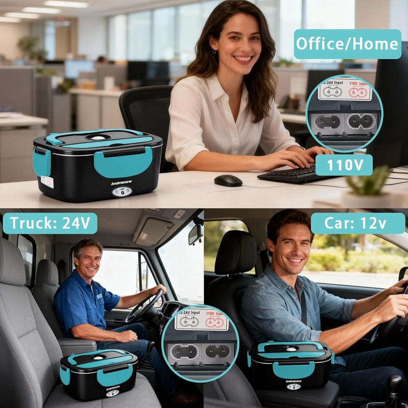 Andmenow Electric Lunch Box 80W Food Heater with Dual Container, Portable Lunch Warmer for Adults, Upgraded Heated Lunch Box for Car/Truck/Office,110/24/12V 1.5L Black+Blue - Image 3